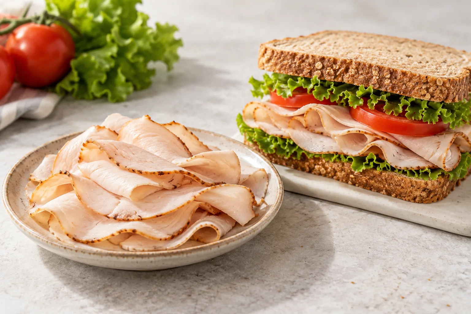 Sliced turkey beside a whole-wheat sandwich with lettuce and tomato.