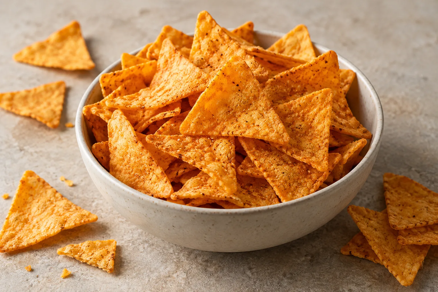 Cheese-seasoned triangular chips in a ceramic bowl on a stone tabletop.