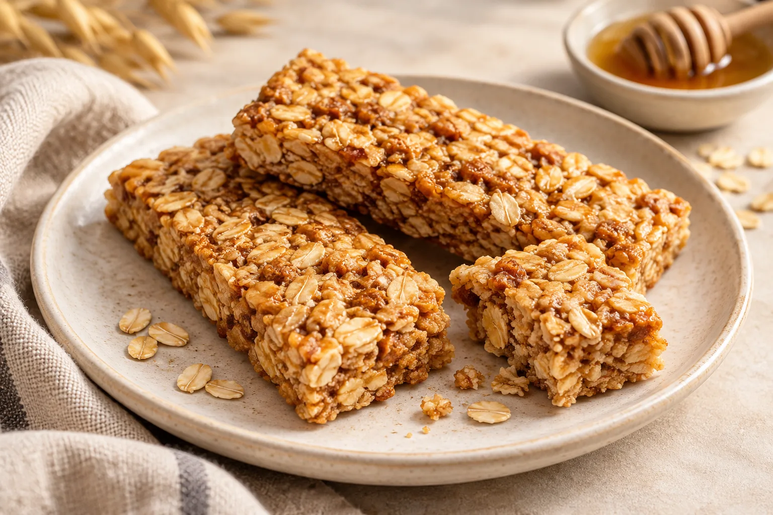 Unwrapped crunchy oat and honey bars with toasted oat texture.