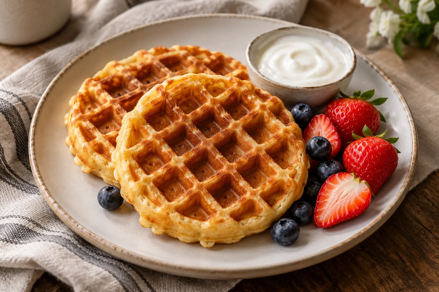 Golden waffles with berries and a small bowl of plain yogurt.