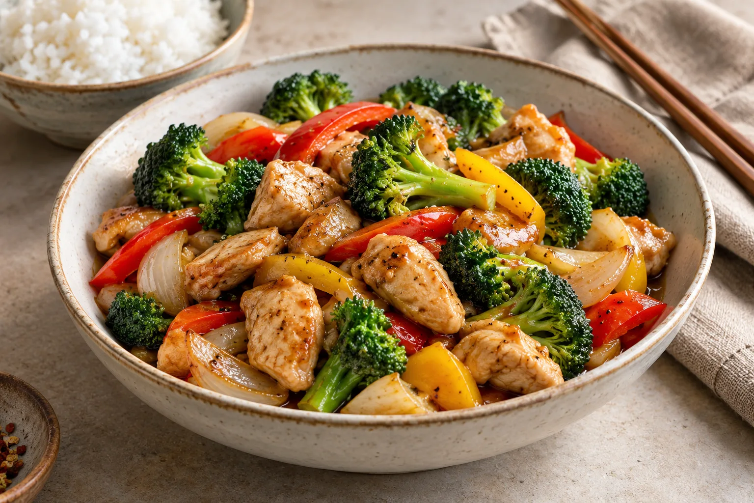 Chicken stir-fry with broccoli, bell pepper and onion beside a bowl of rice.