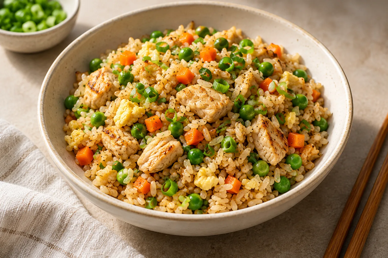 Chicken and vegetable fried rice with peas, carrots, scallion and cooked egg.