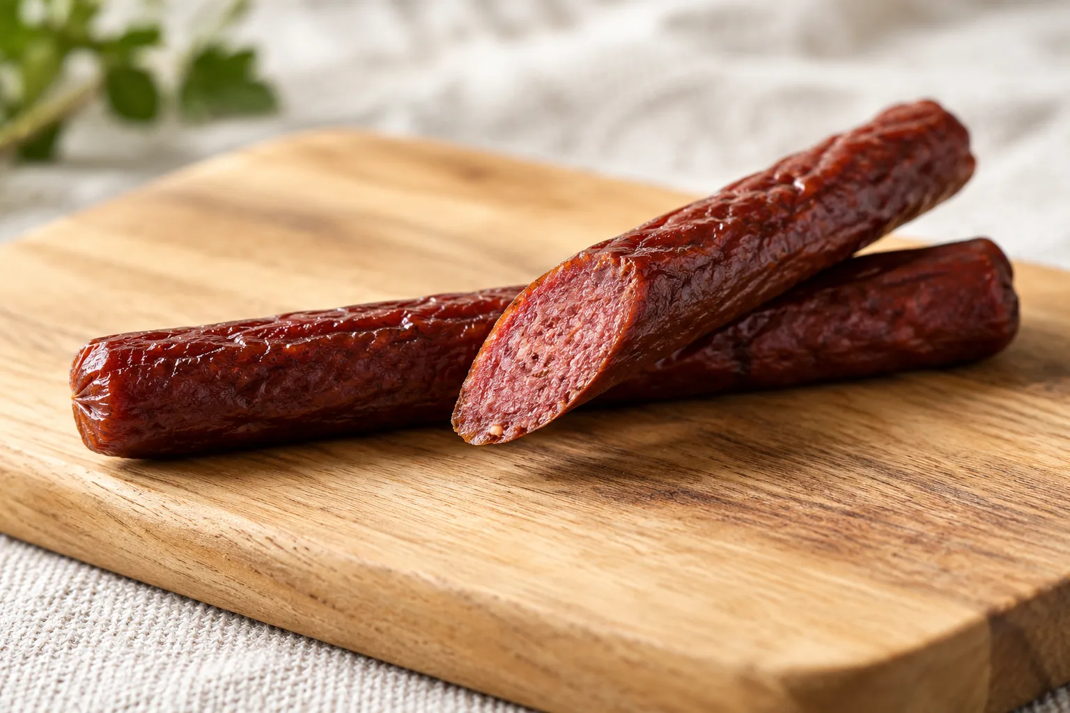 Unwrapped beef snack sticks with one cut to show the inside.
