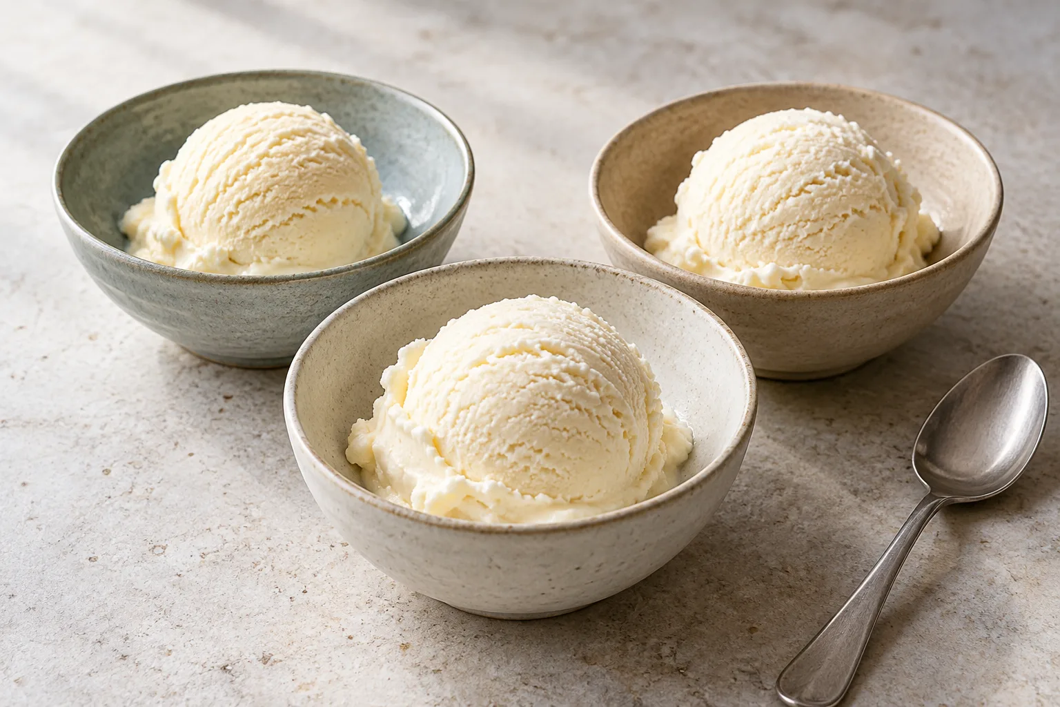Three bowls with small scoops of vanilla frozen dessert.