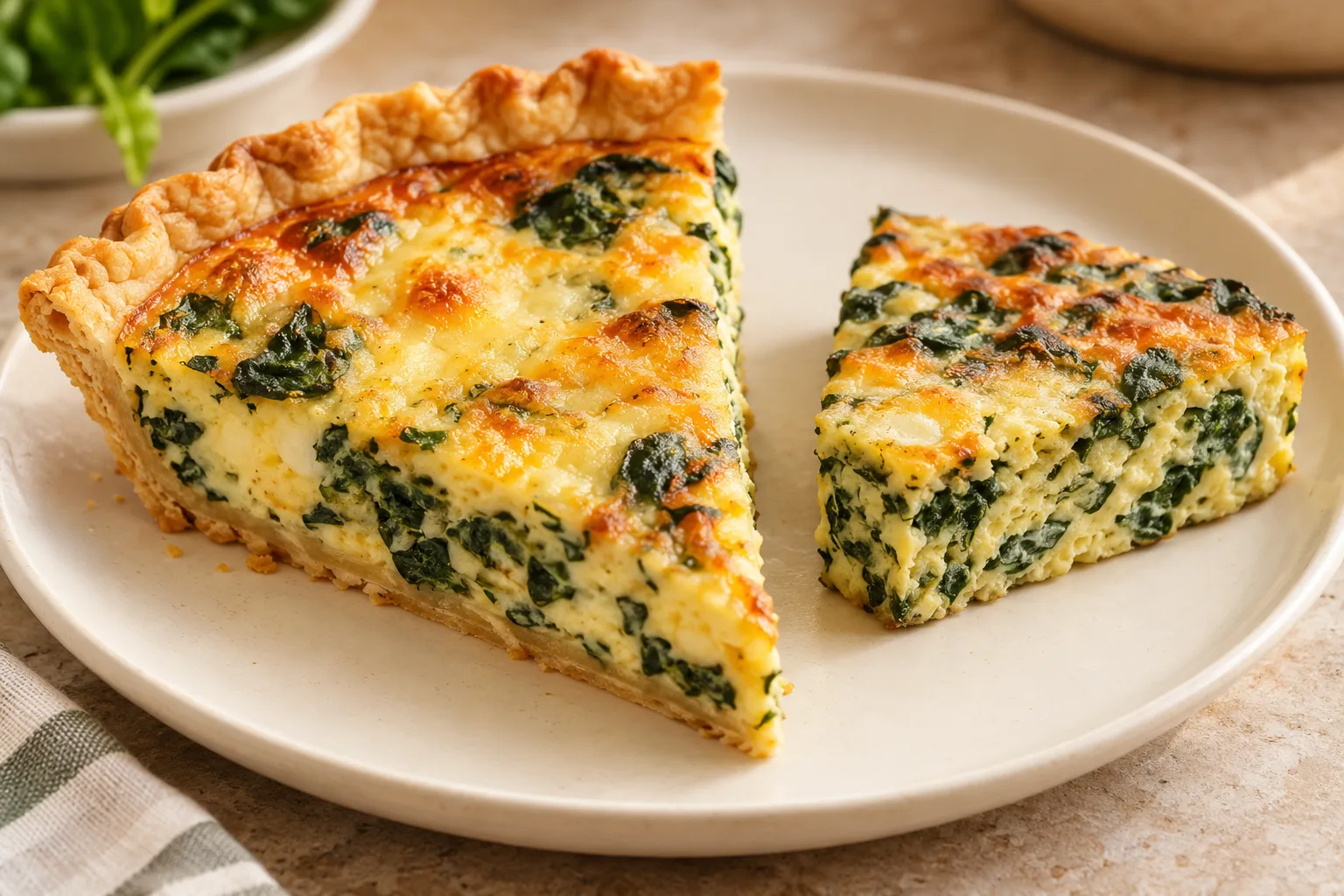 A pastry-crusted spinach quiche slice beside a crustless egg-bake slice.