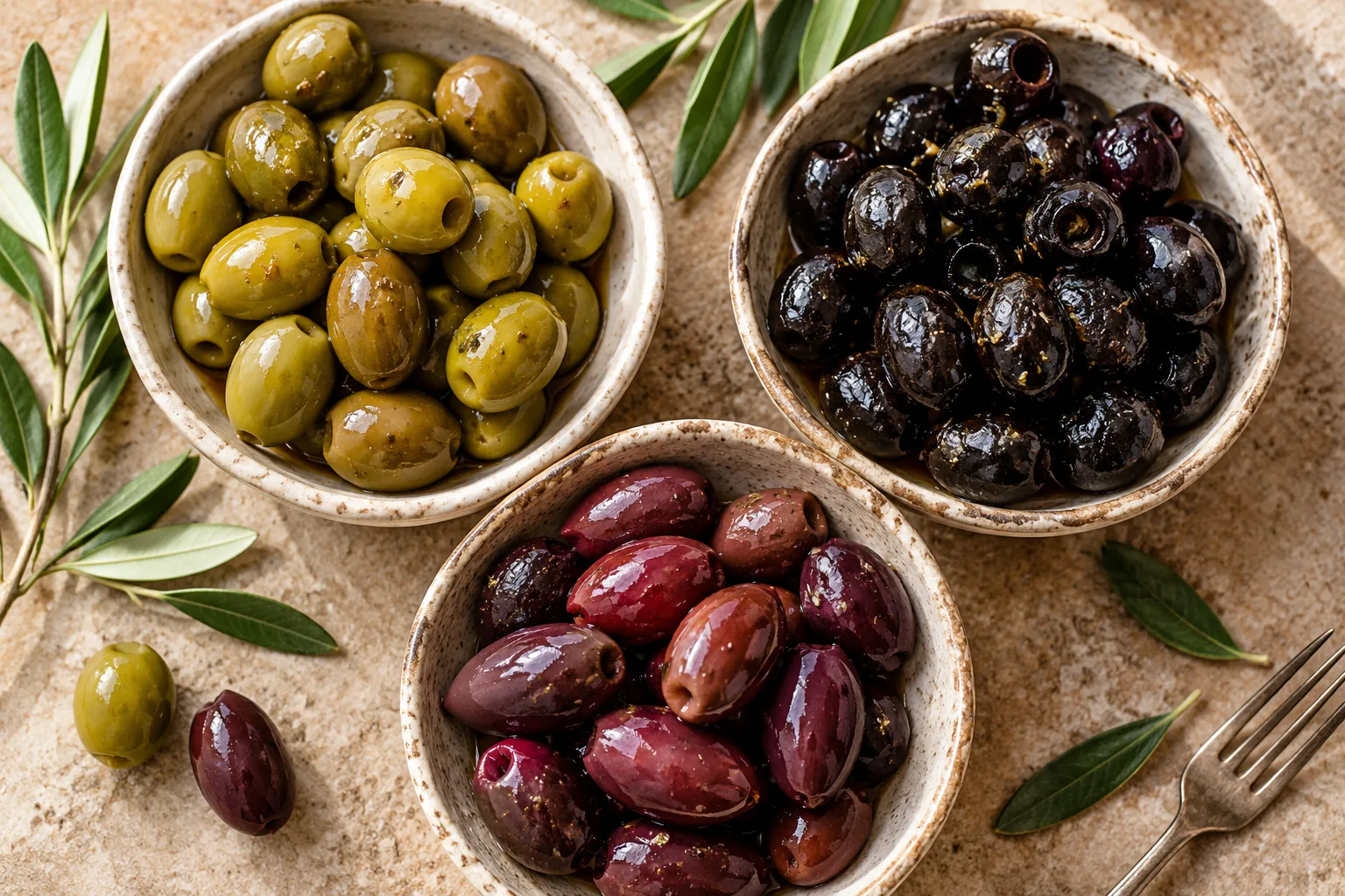 Separate bowls of green, black ripe and purple Kalamata-style olives.