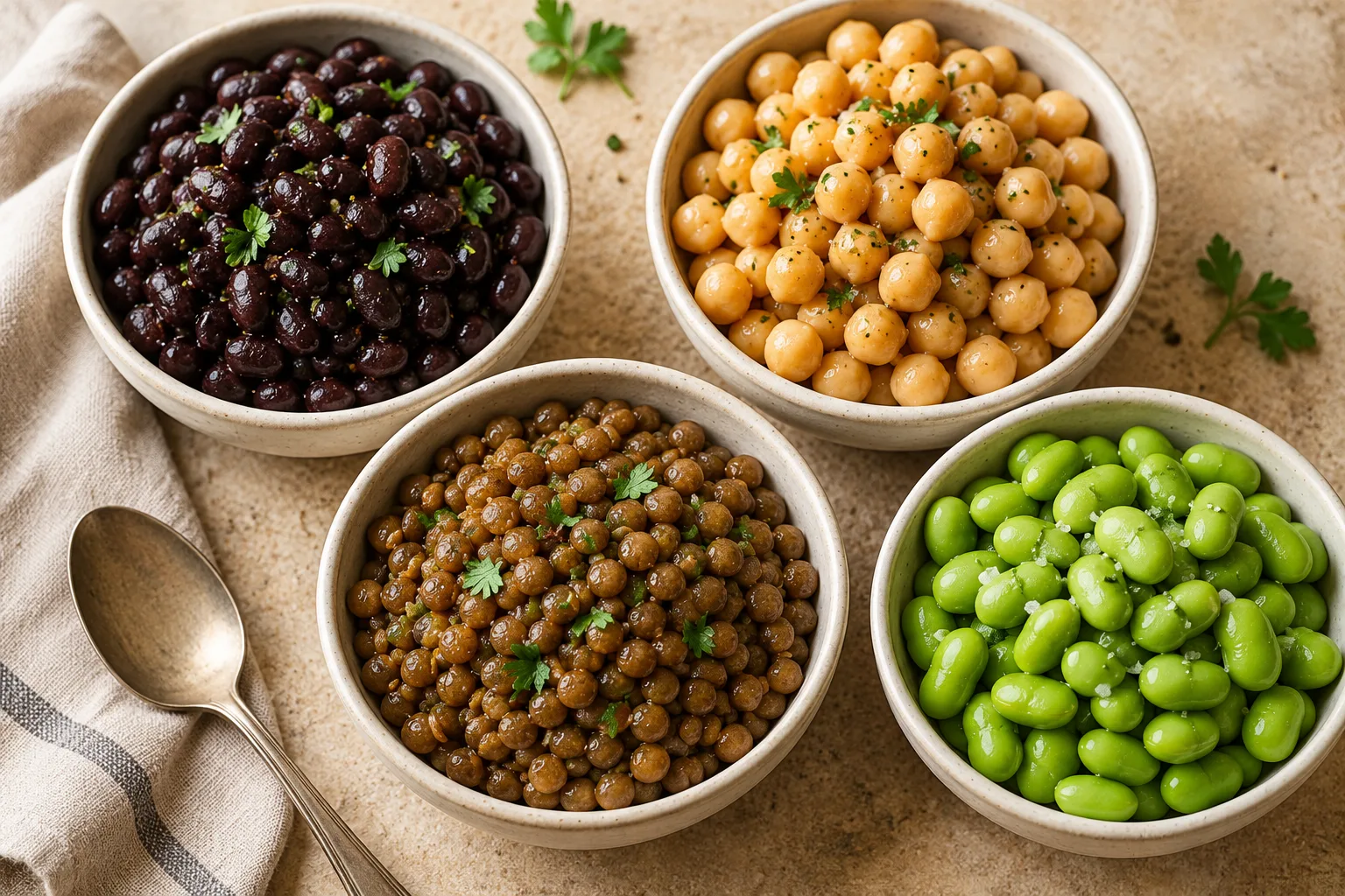 Separate bowls of cooked black beans, chickpeas, lentils and green edamame.