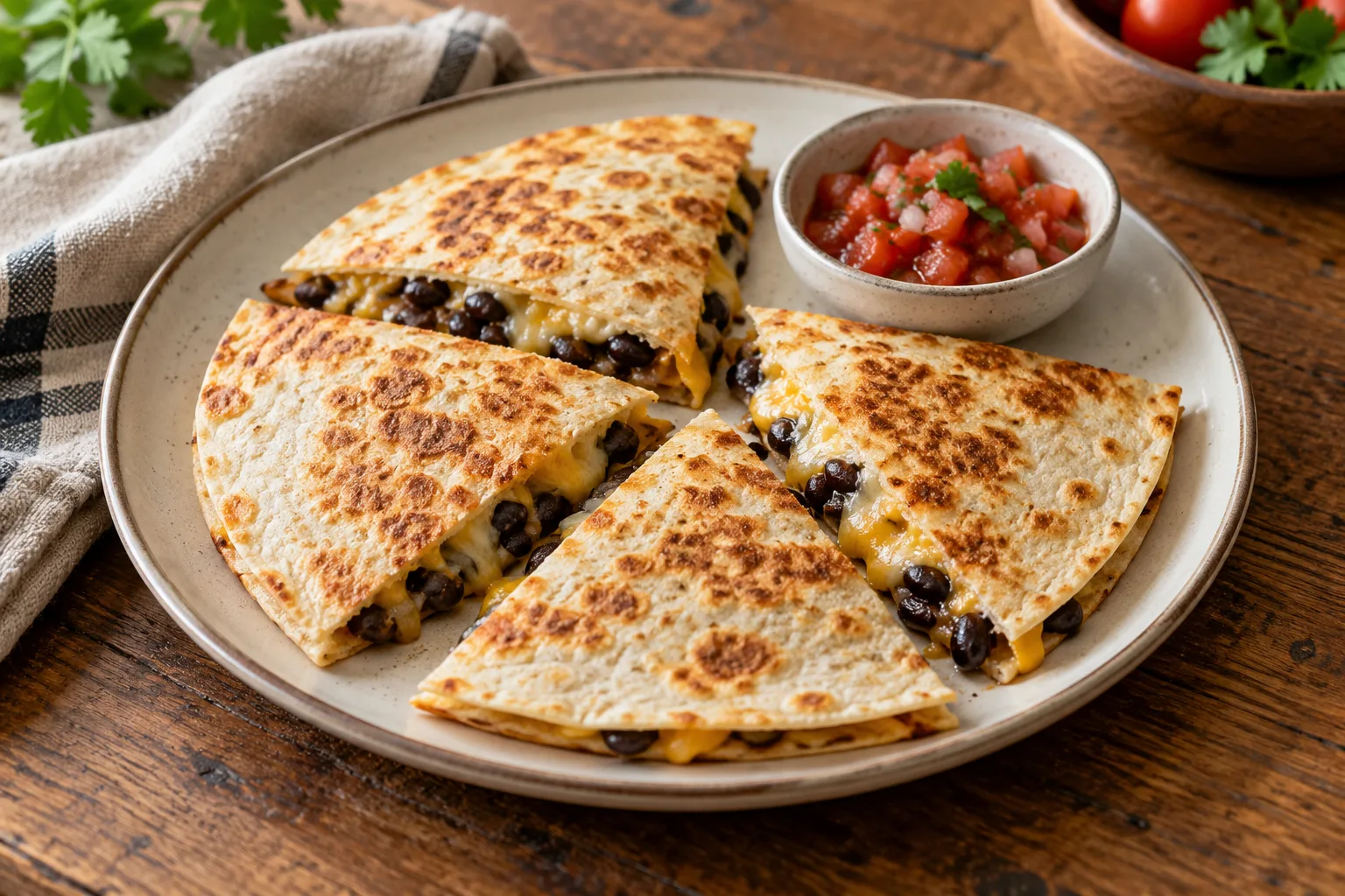 Cheese and black-bean quesadilla wedges with salsa on the side.