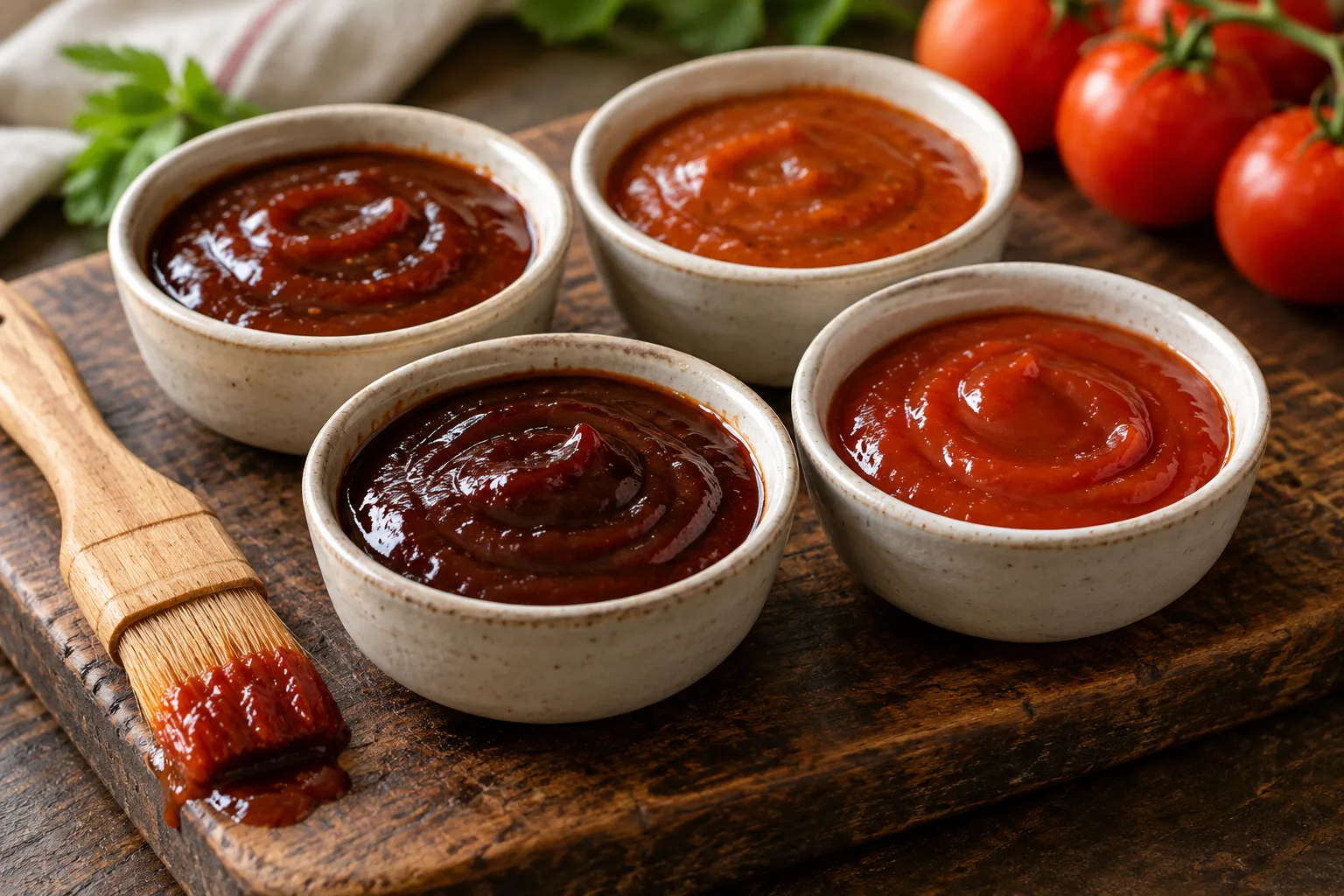 Four bowls of barbecue sauce in different shades beside a wooden basting brush.