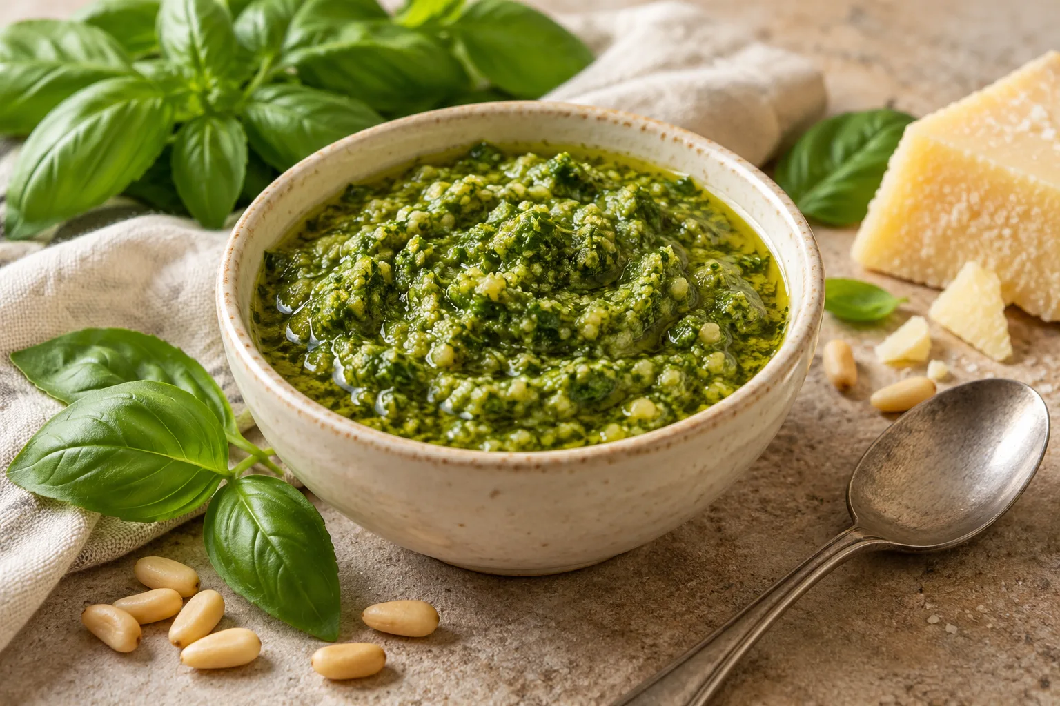 Basil pesto in a ceramic bowl with basil leaves, pine nuts and hard cheese.