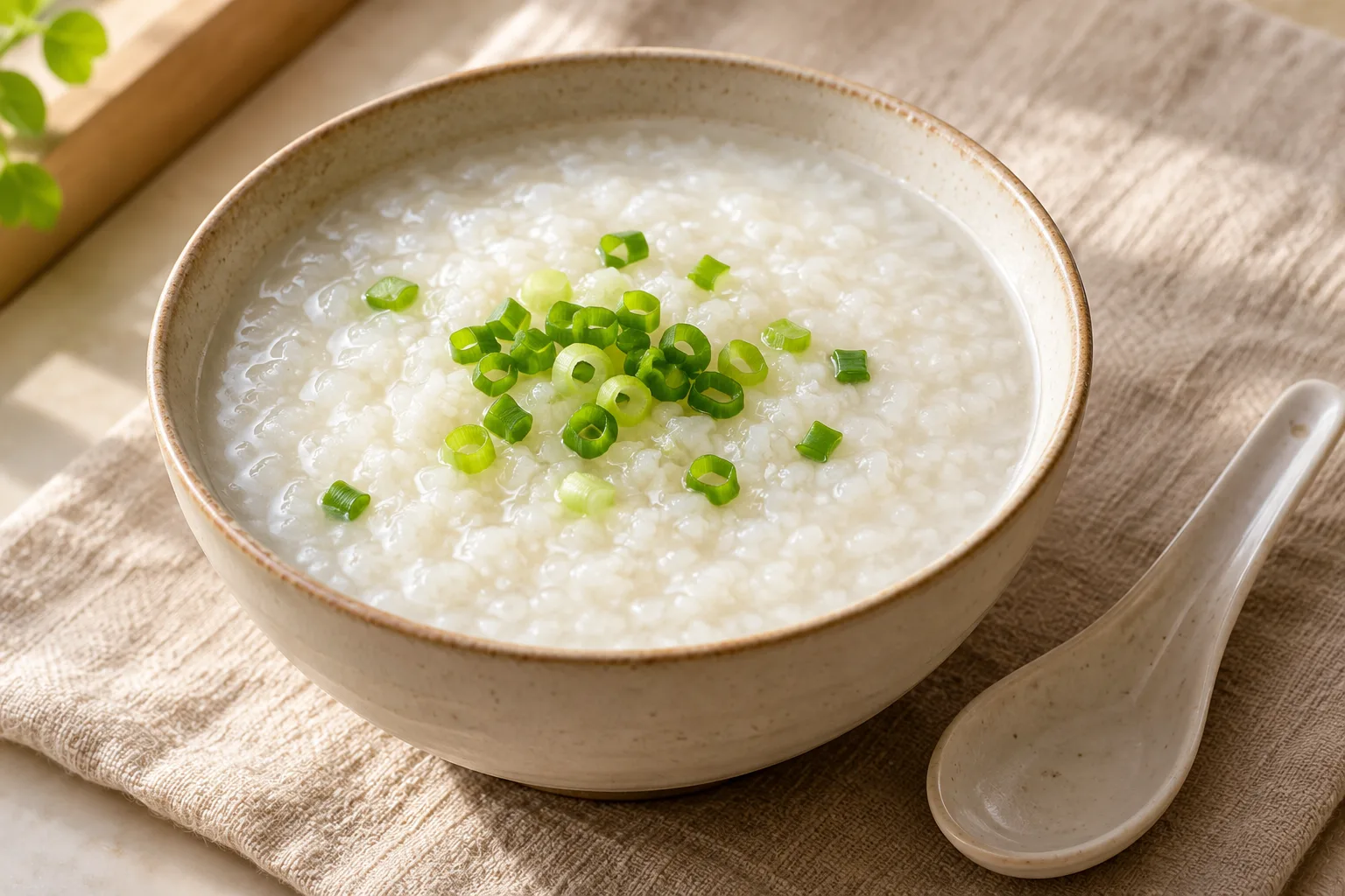 Plain rice congee with a small scallion garnish and a soup spoon.