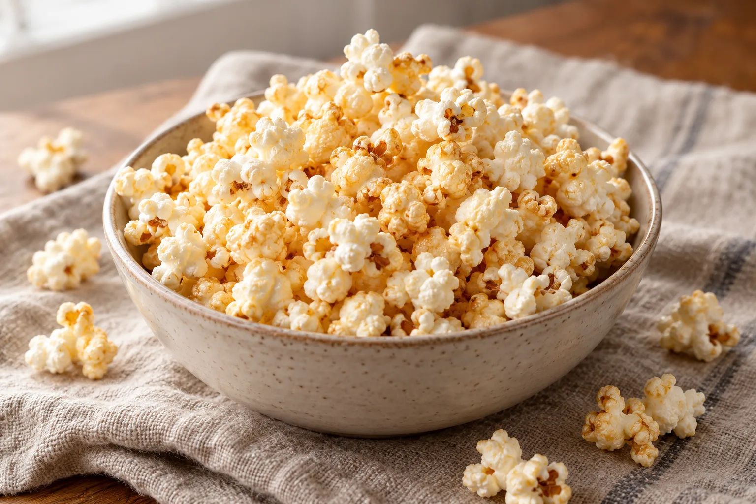 Lightly glazed kettle corn in a ceramic bowl.