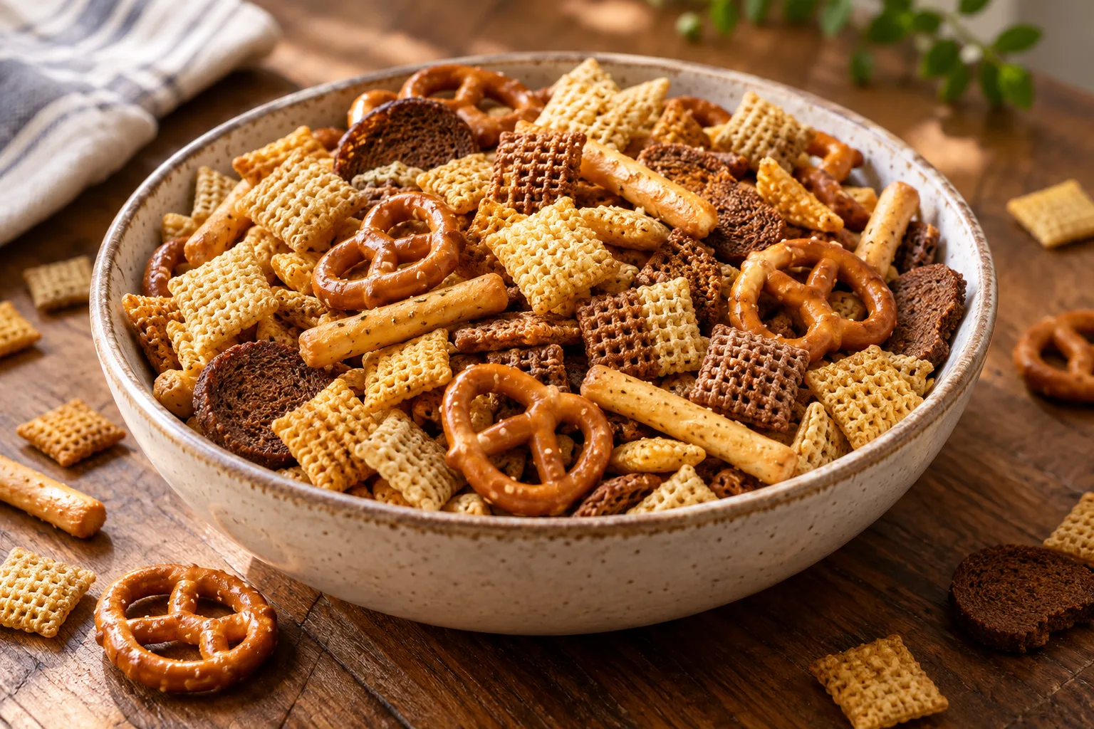 Cereal snack mix with square cereal pieces, pretzels, breadsticks and rye chips.