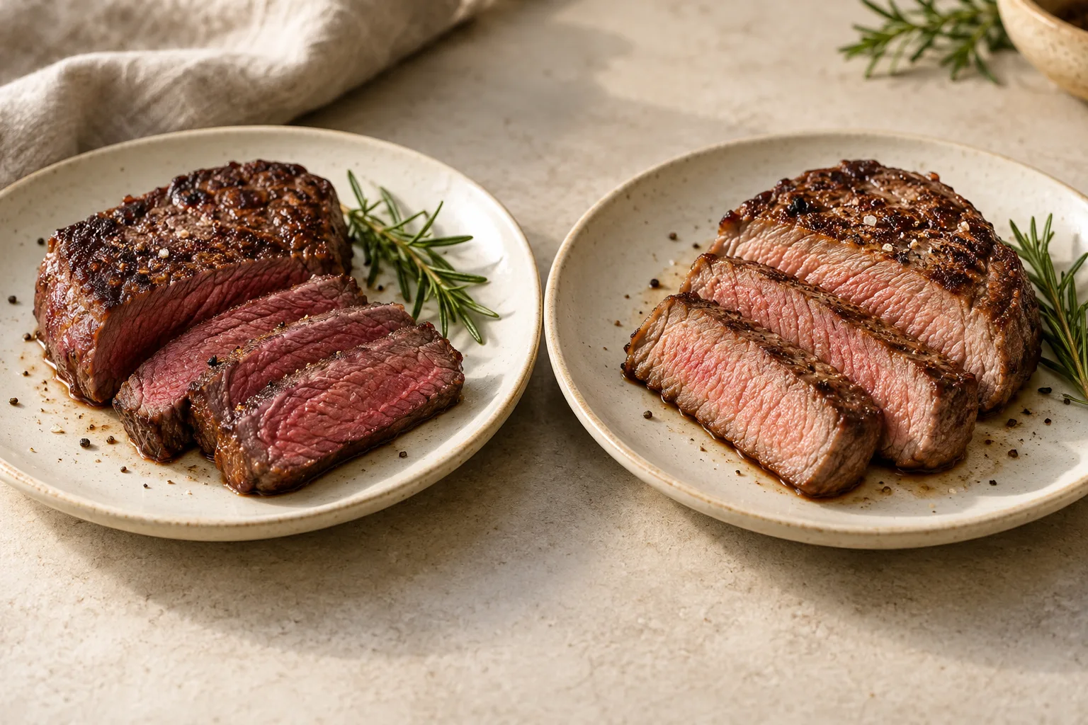 Two plates of sliced cooked steaks illustrating a bison and beef comparison.