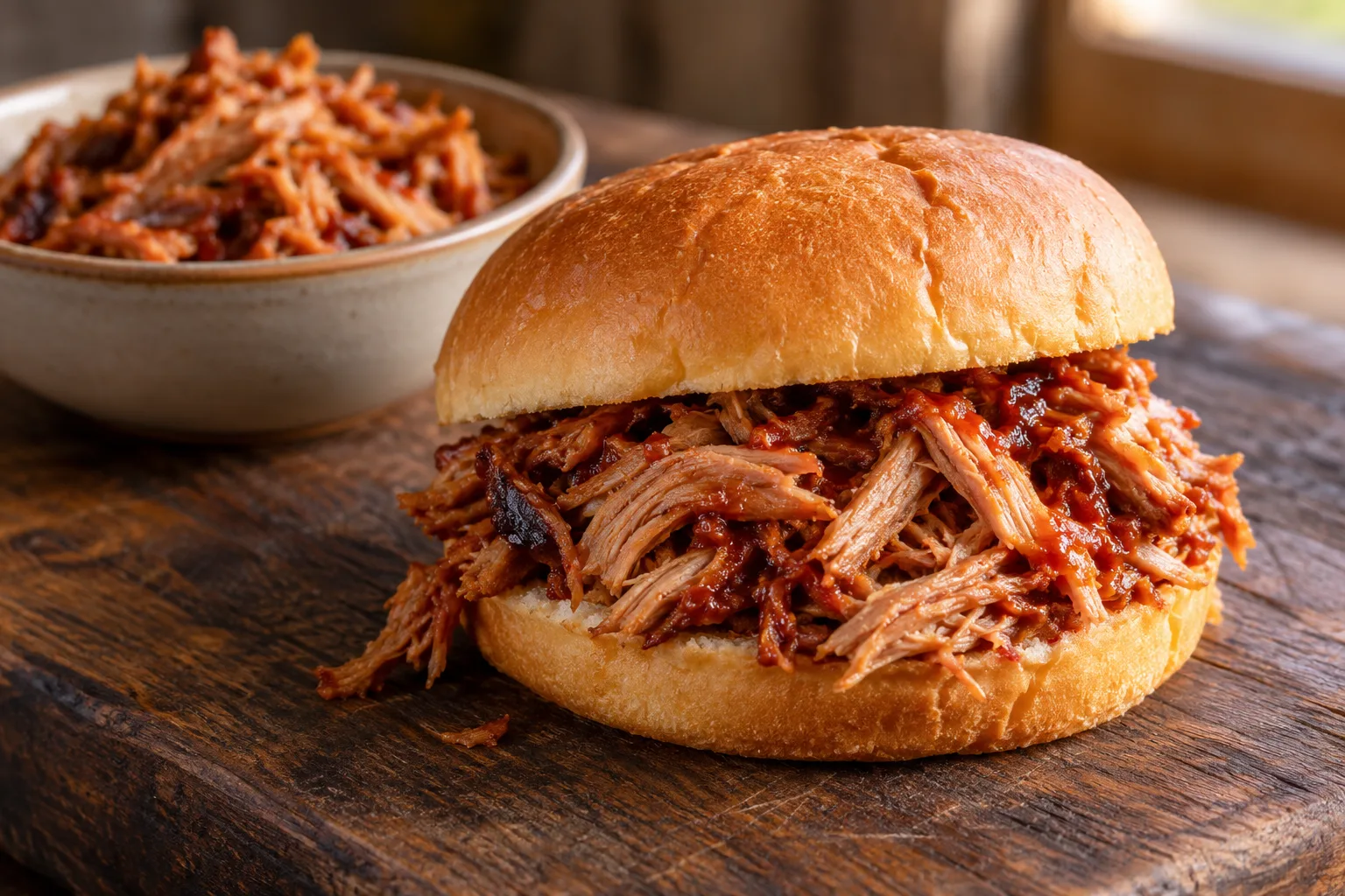 A pulled-pork sandwich beside a small bowl of shredded pork.