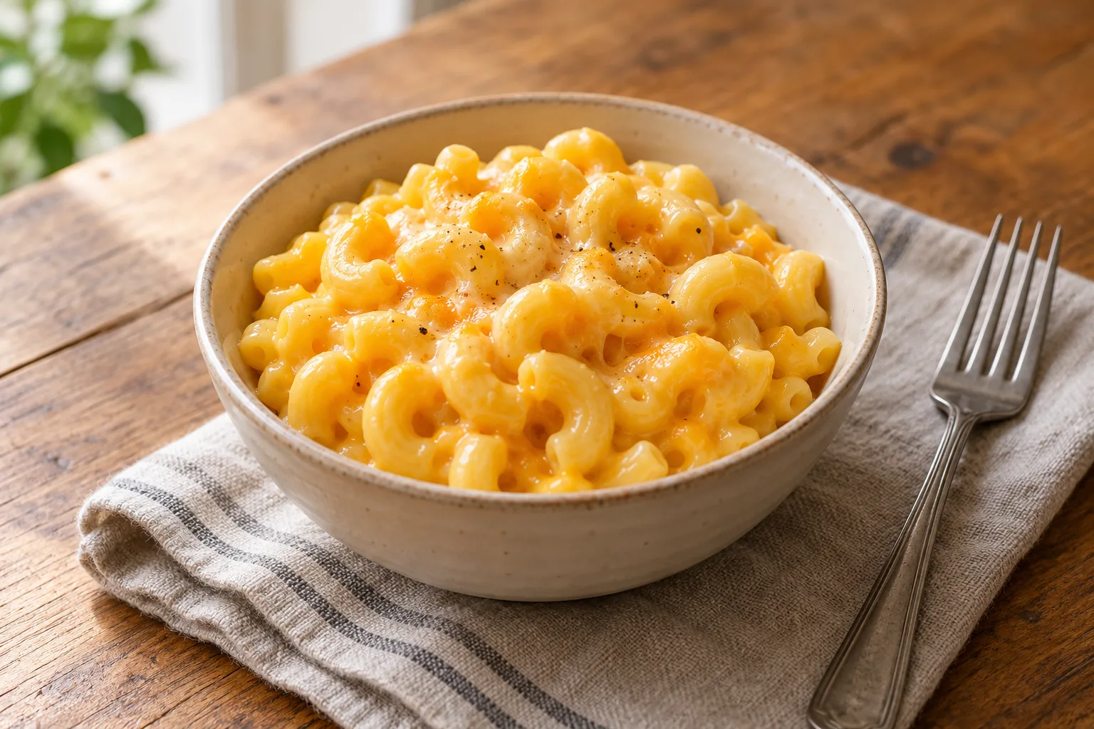 A bowl of elbow macaroni with golden cheese sauce.