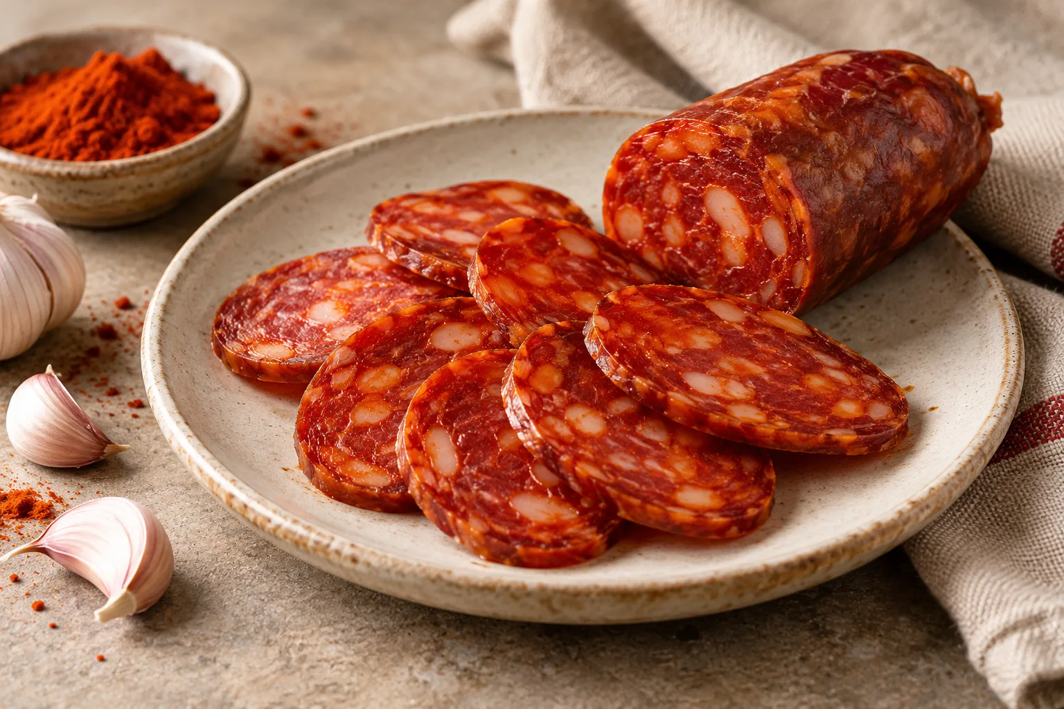 Sliced paprika-red cured chorizo on a small plate with garlic nearby.