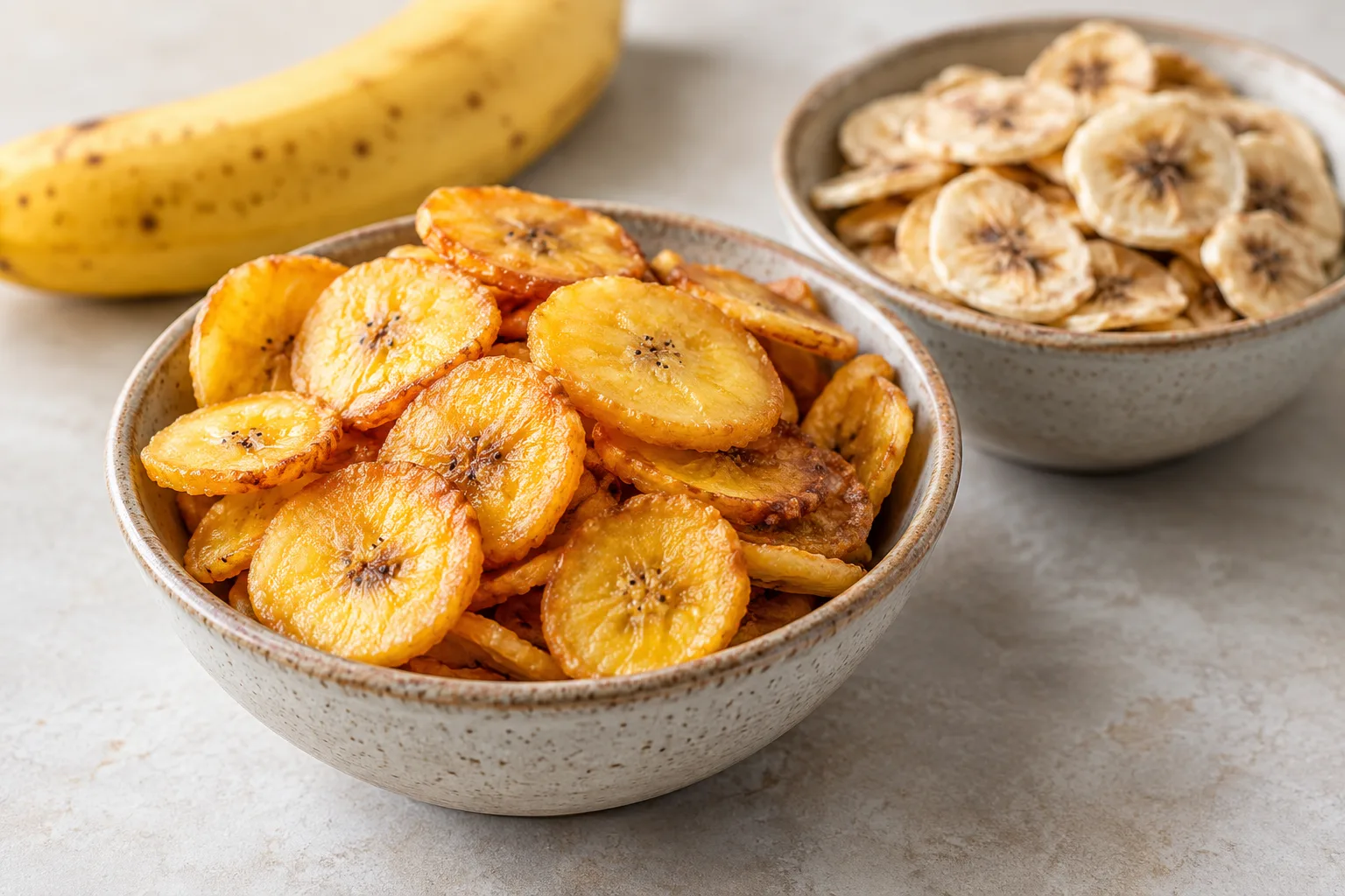 Banana chips and dried banana slices in separate bowls.