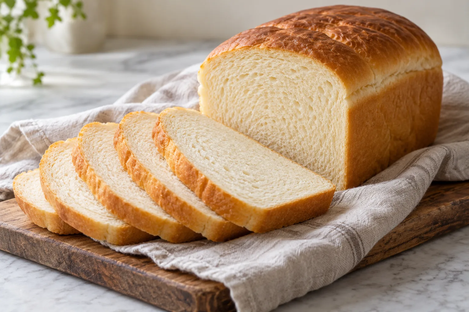 A soft potato-bread loaf with several slices on a wooden board.