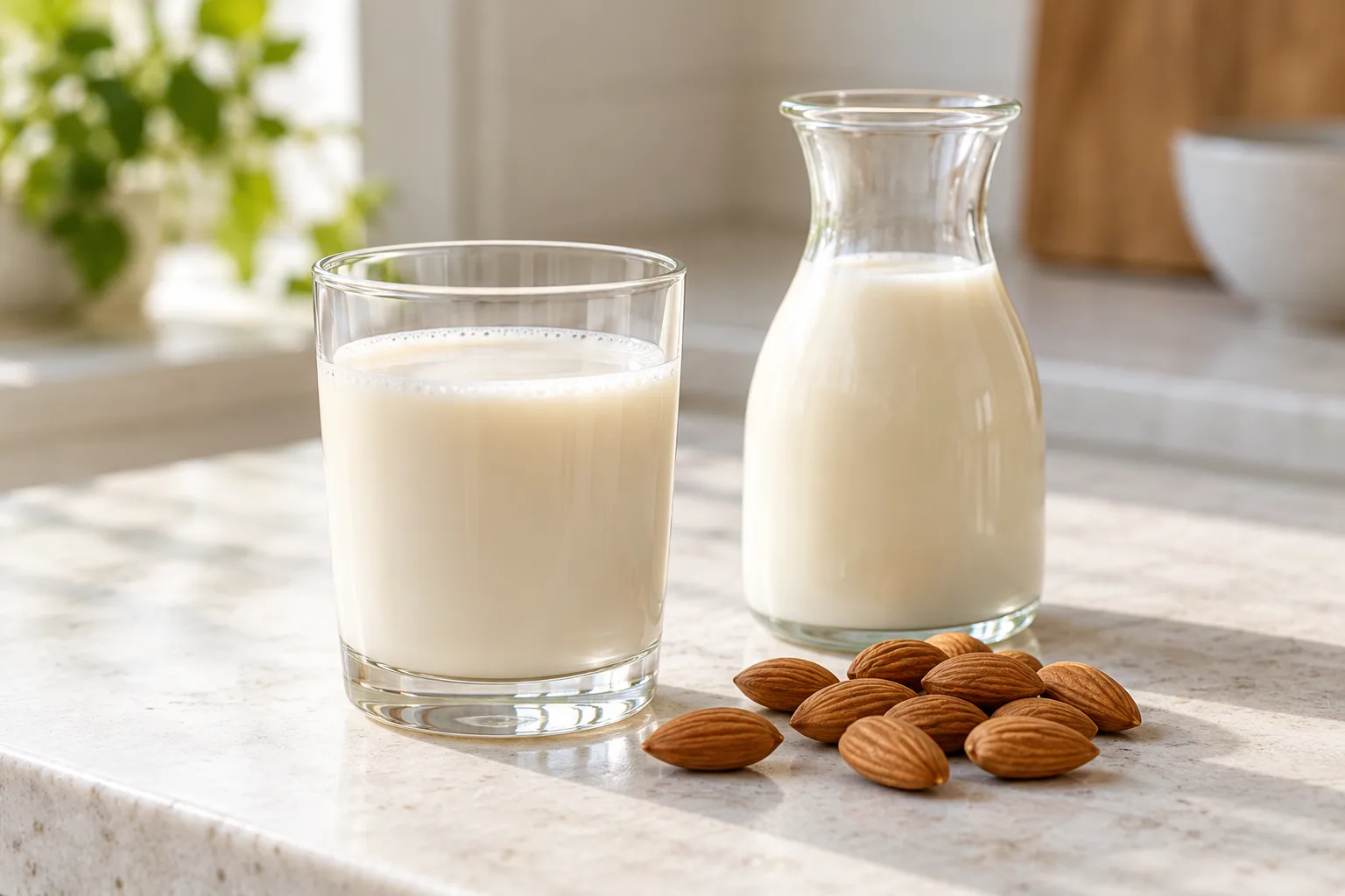 Almond milk in a glass and carafe beside whole almonds.