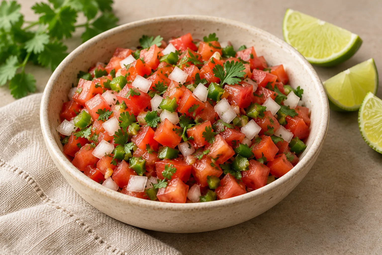 Fresh chopped pico de gallo with tomato, onion, jalapeno, cilantro and lime.