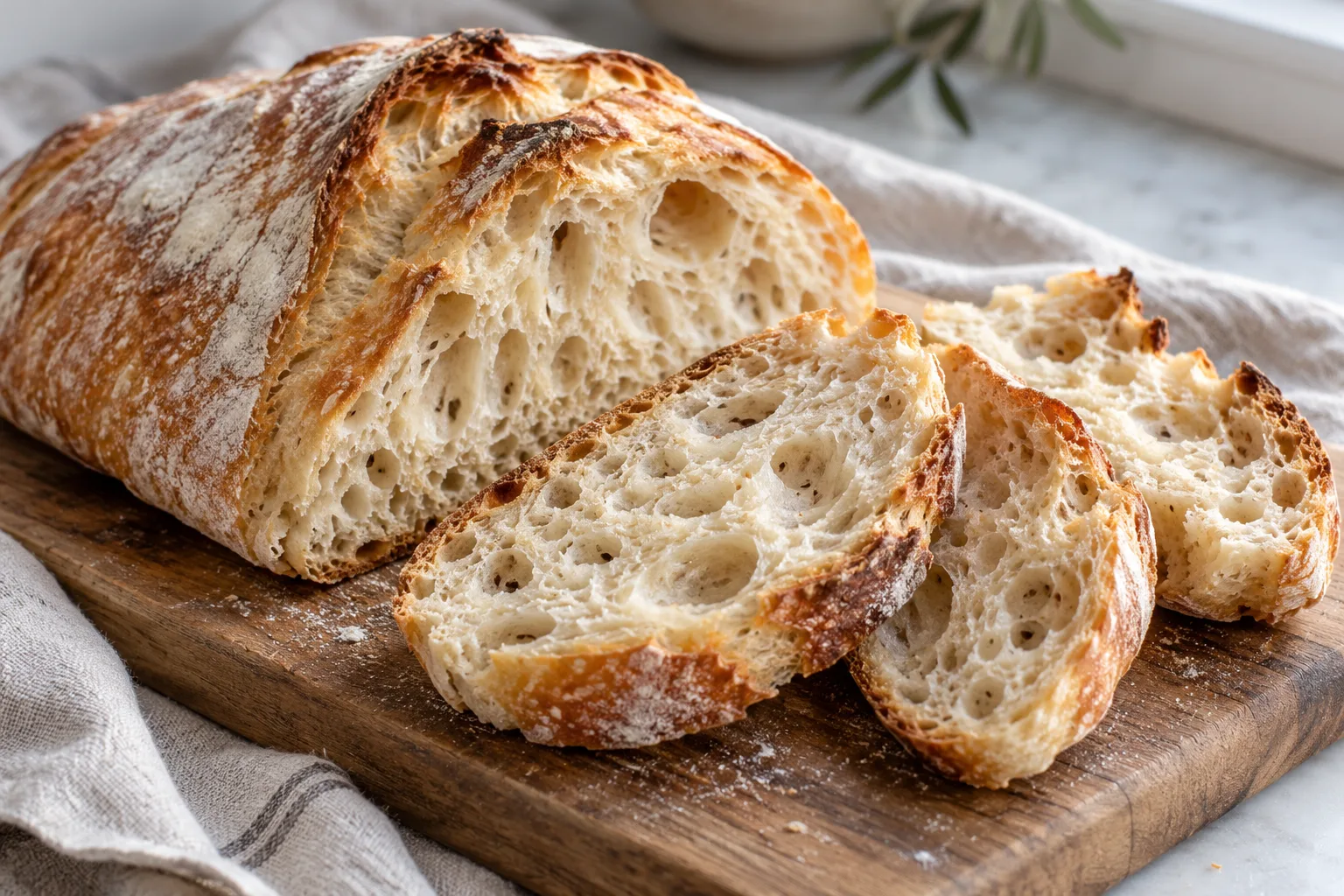 A sliced ciabatta loaf showing its airy crumb.