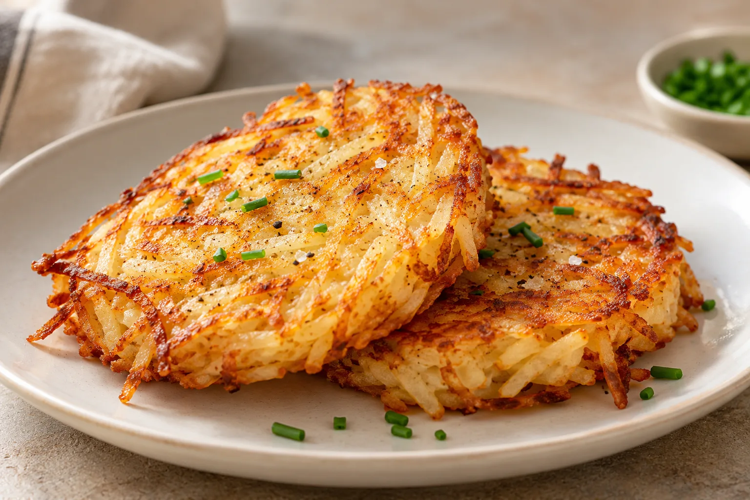 Crisp shredded-potato hash brown patties on an ivory plate.