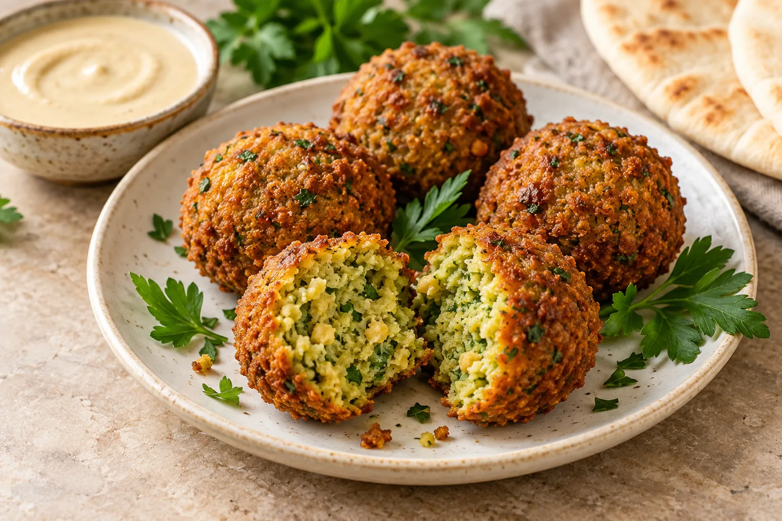 Golden falafel with a split piece showing the chickpea and herb interior.