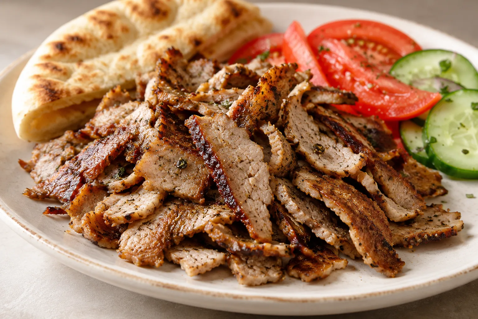 Thin browned slices of gyro meat served with pita, tomato and cucumber.
