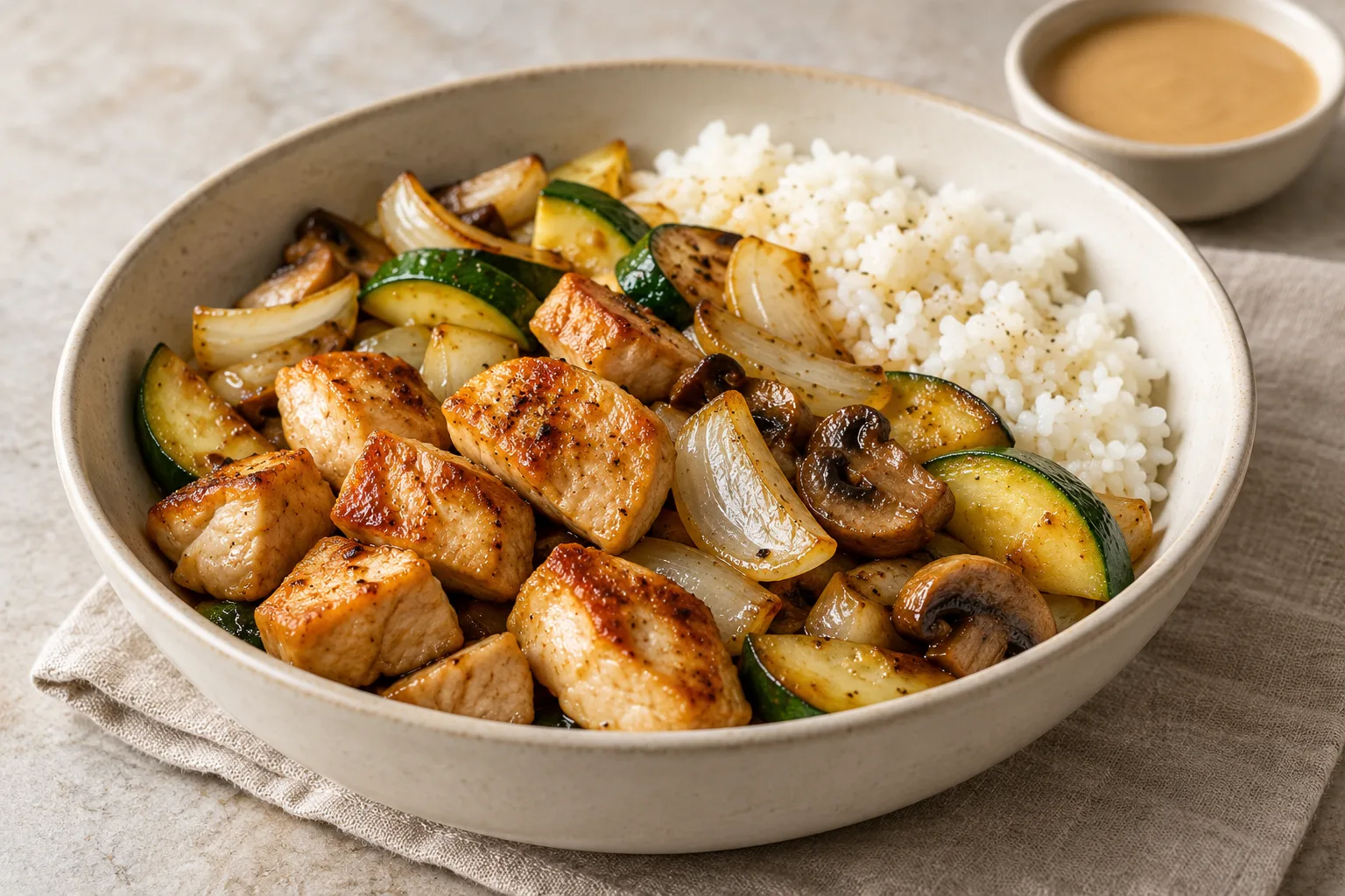 Hibachi-style cooked chicken, zucchini, mushrooms, onion and rice.