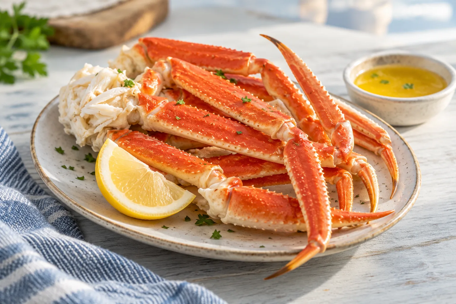 Steamed crab legs with lemon and a separate dish of butter.
