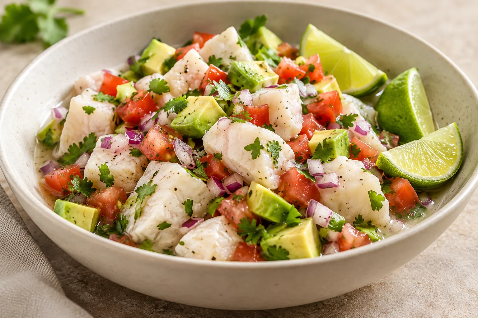 Ceviche-style white fish with tomato, red onion, avocado, cilantro and lime.