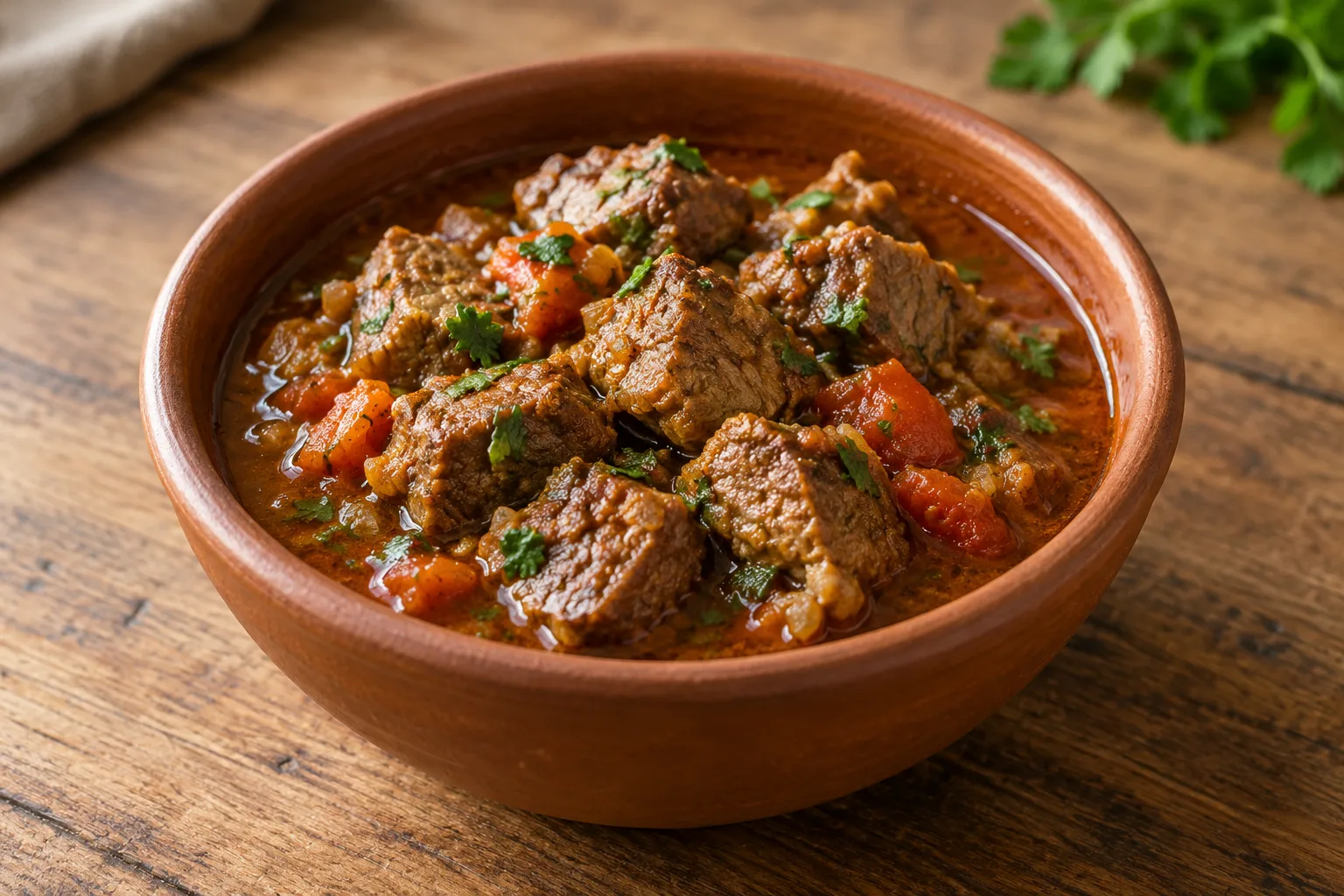 Cooked goat-meat stew in an earthenware bowl.