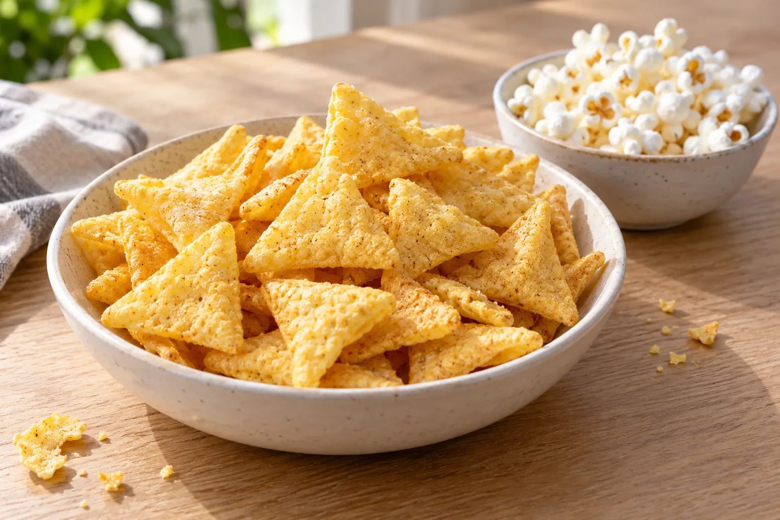 Triangular puffed corn crisps in a bowl with a separate bowl of plain popcorn.