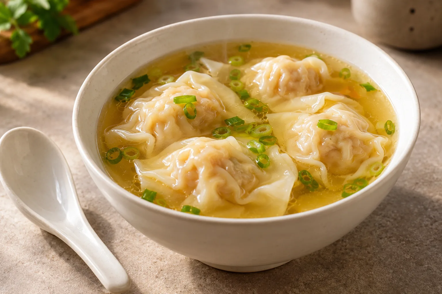 Folded cooked wontons in golden broth with scallions beside a ceramic soup spoon.