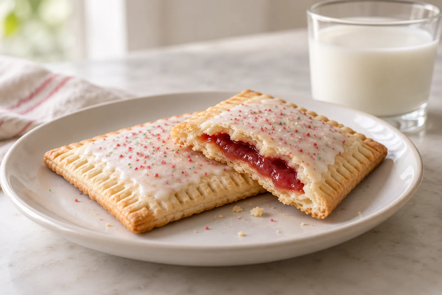 Frosted fruit-filled toaster pastries on a plate beside a glass of milk.