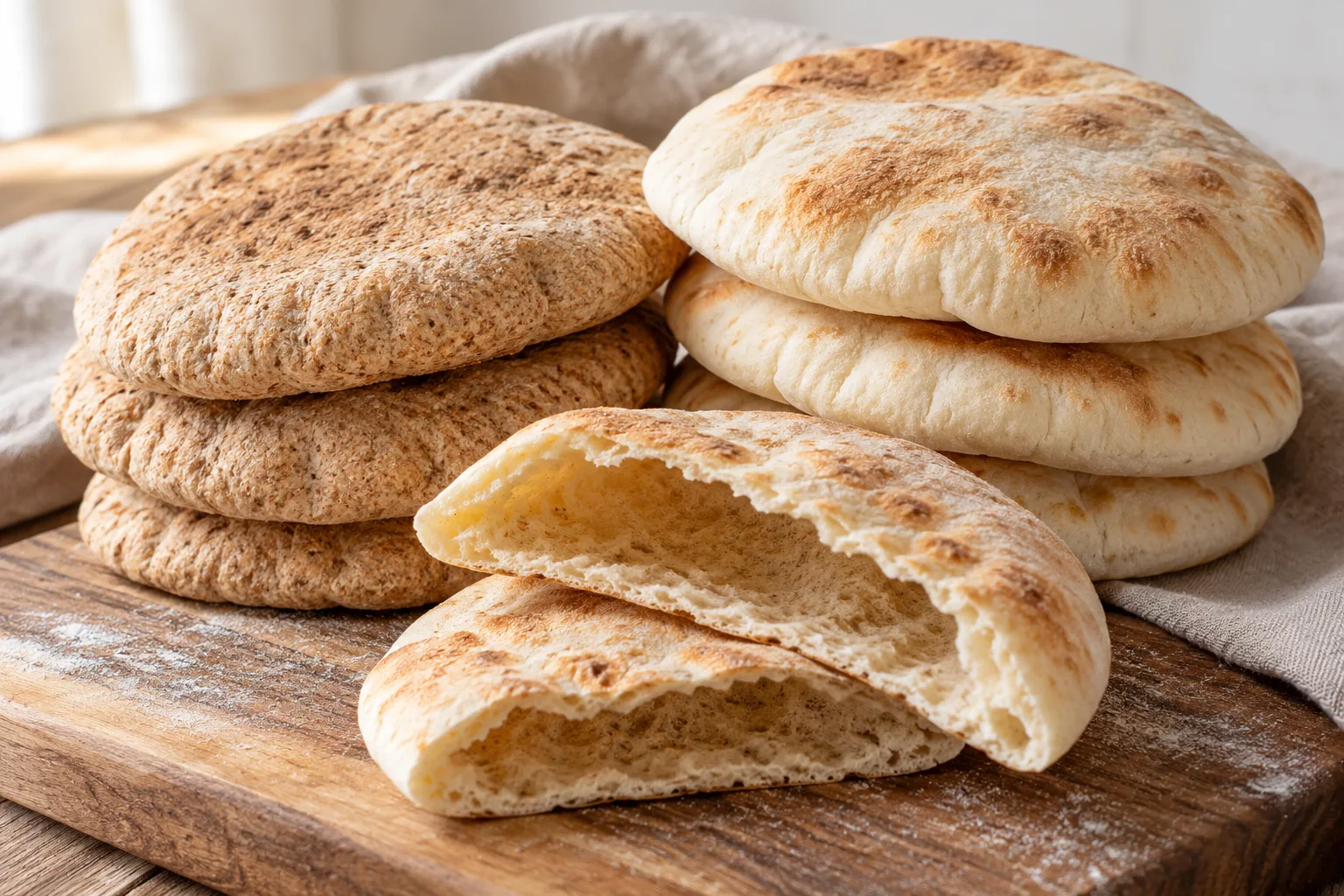 White and whole-wheat pita breads with a cut half showing the hollow pocket.