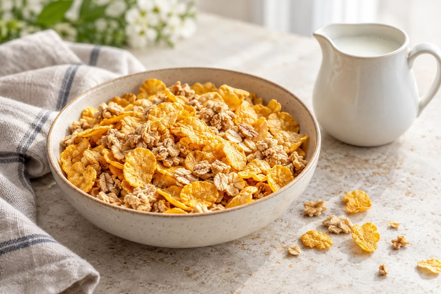 Golden cereal flakes and oat clusters in a bowl beside a milk pitcher.