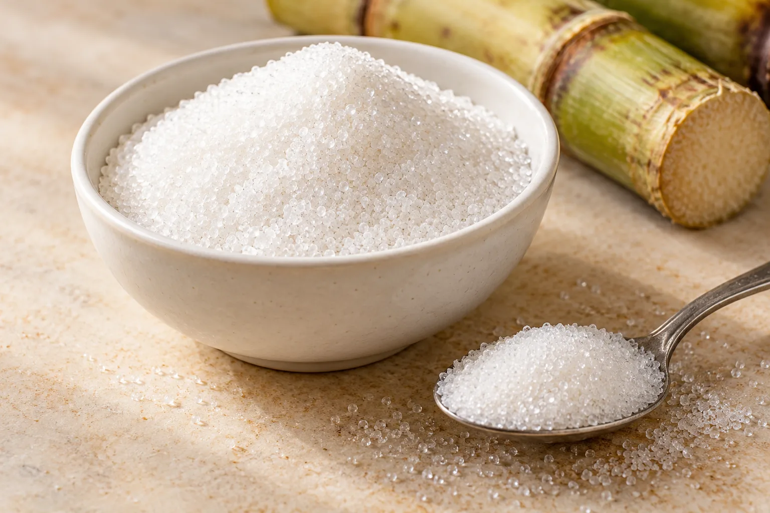 A bowl and level teaspoon of granulated sugar with sugarcane nearby.