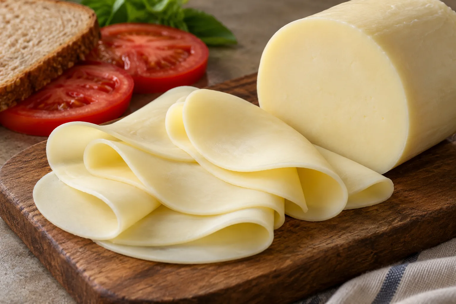 Folded provolone slices beside a cut round of cheese, tomato and whole-wheat bread.