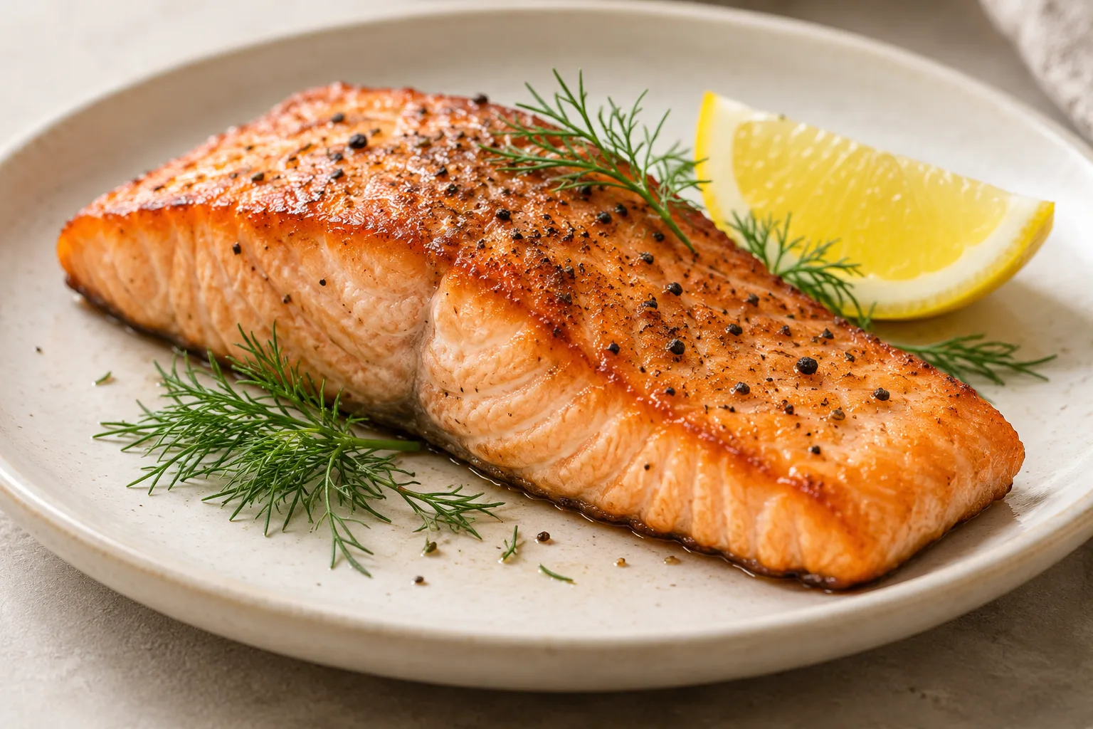 A cooked salmon fillet with lemon and dill on a ceramic plate.