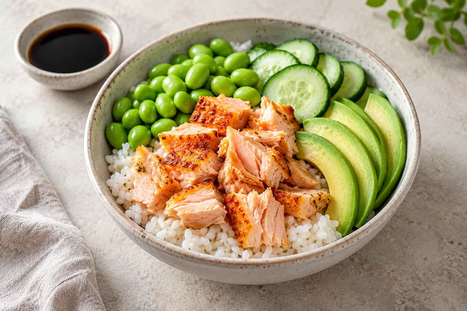 Cooked salmon bowl with white rice, edamame, cucumber, avocado and soy sauce on the side.