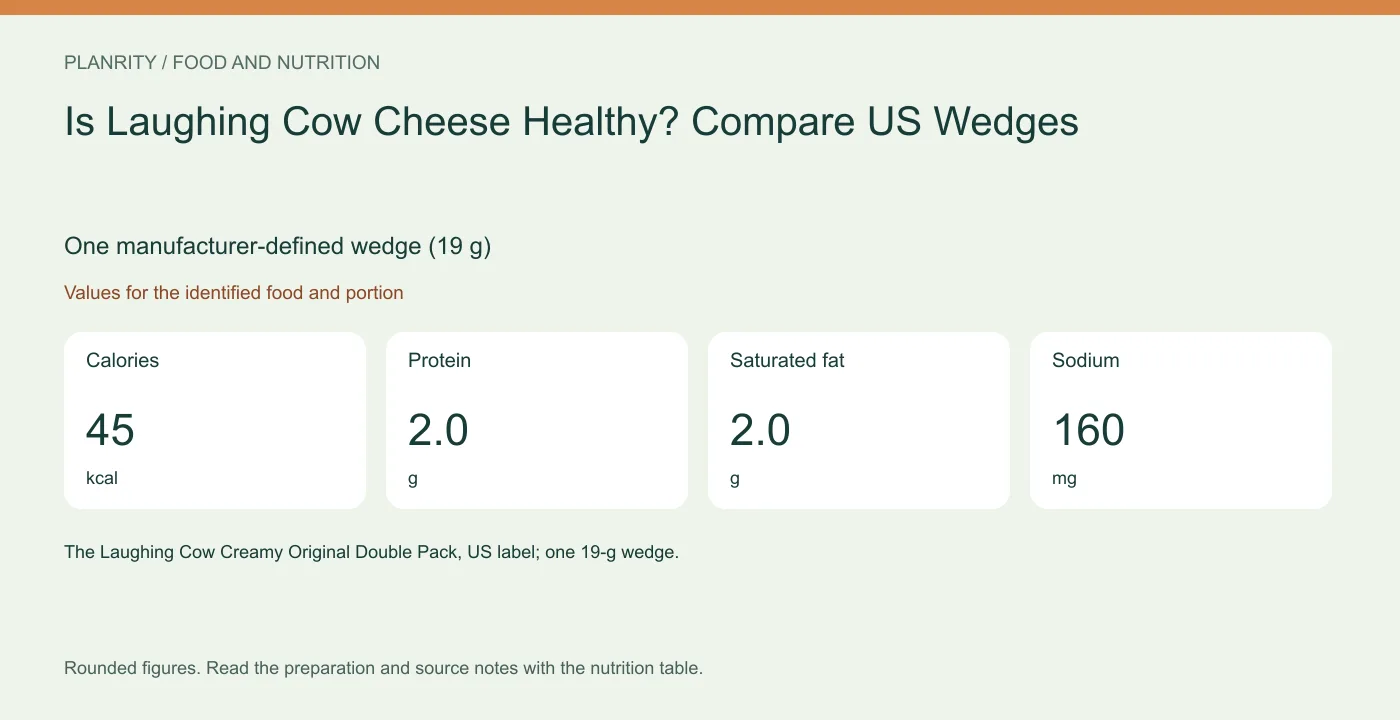 One manufacturer-defined wedge (19 g): calories 45 kcal, protein 2.0 g, saturated fat 2.0 g, sodium 160 mg. Values for the identified food and portion.
