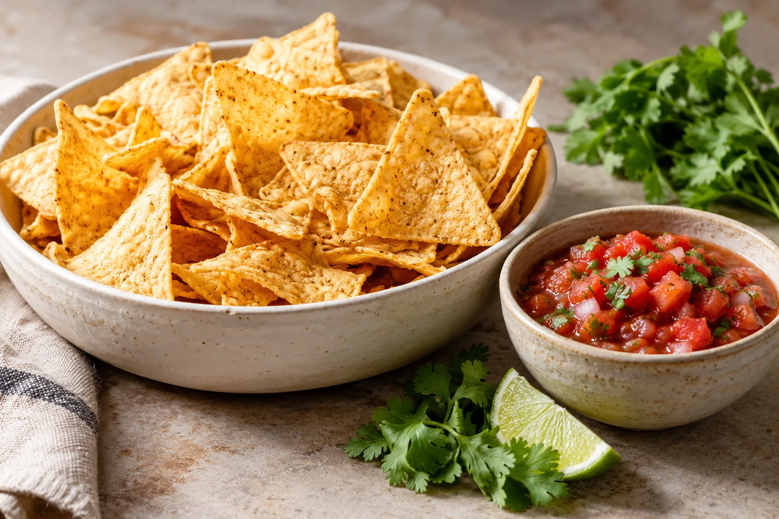 Corn tortilla chips beside a bowl of chunky tomato salsa.