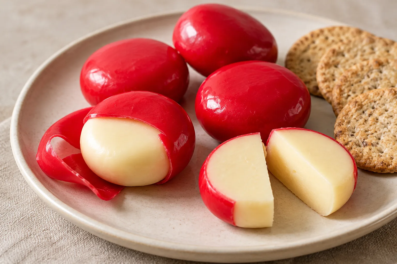 Small red-wax-coated cheeses, with one peeled and another cut in half.