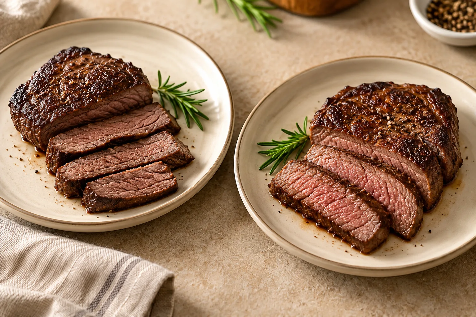 Two plates of sliced cooked steaks illustrating a venison and beef comparison.