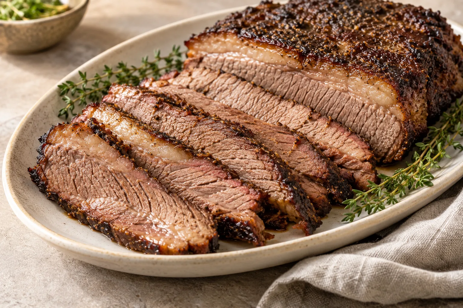 Cooked beef brisket sliced across the grain on a ceramic platter.