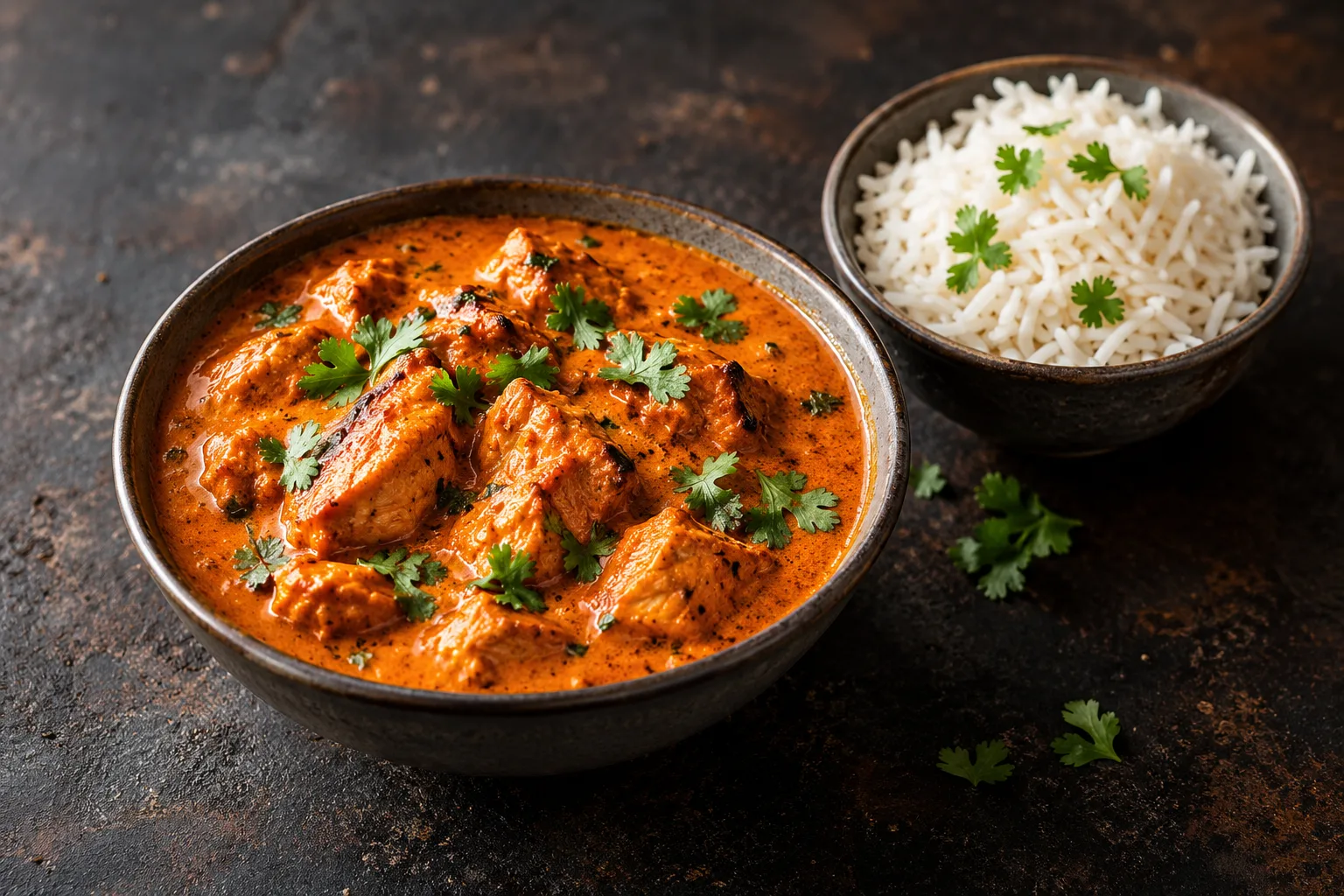 Butter chicken in an orange sauce with basmati rice served separately.