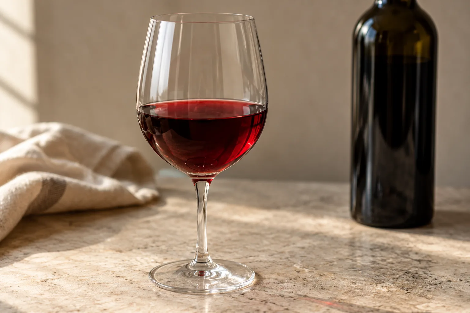 A glass of red wine beside a plain unlabelled bottle.