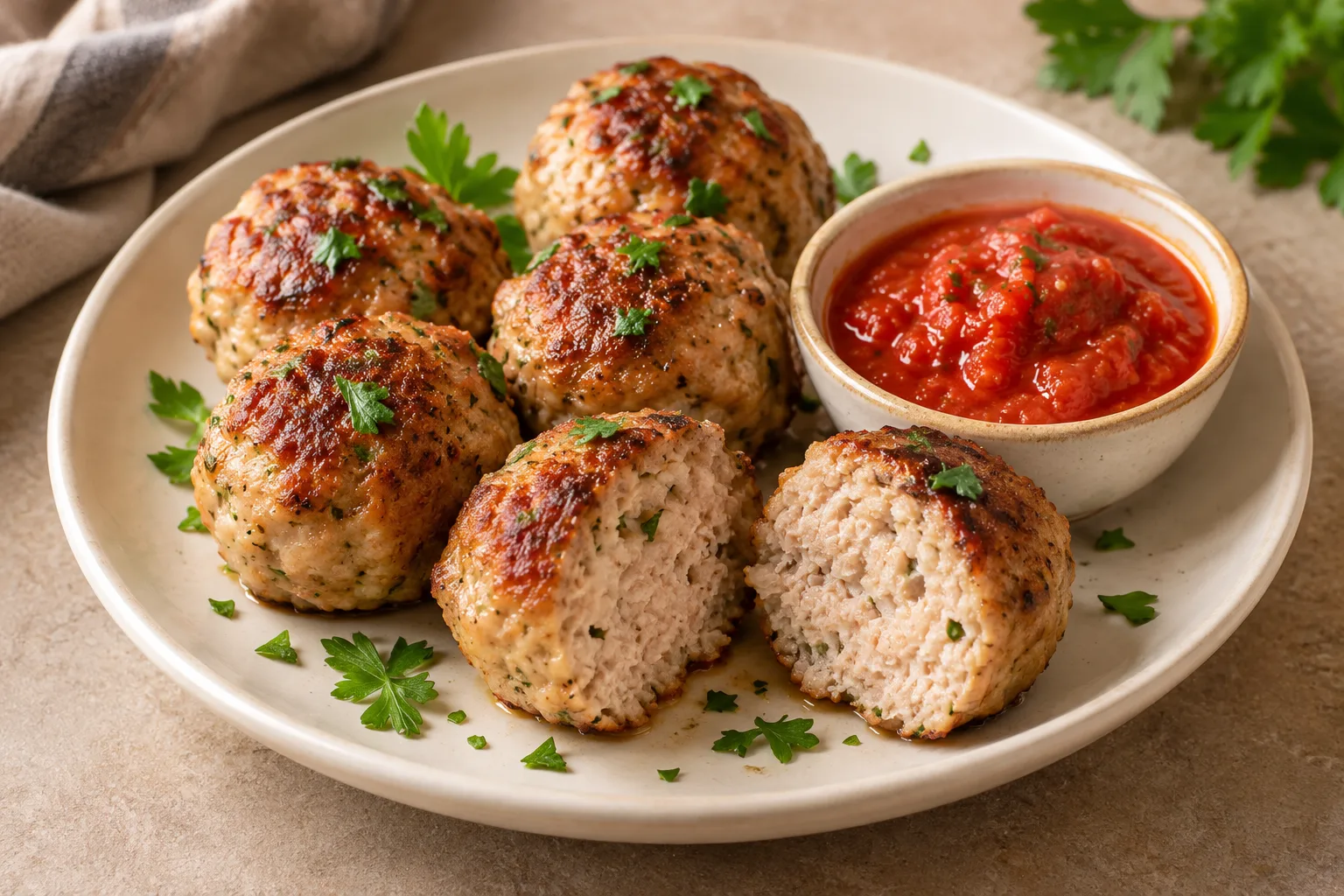 Browned turkey meatballs with a cut piece and a tomato sauce bowl.